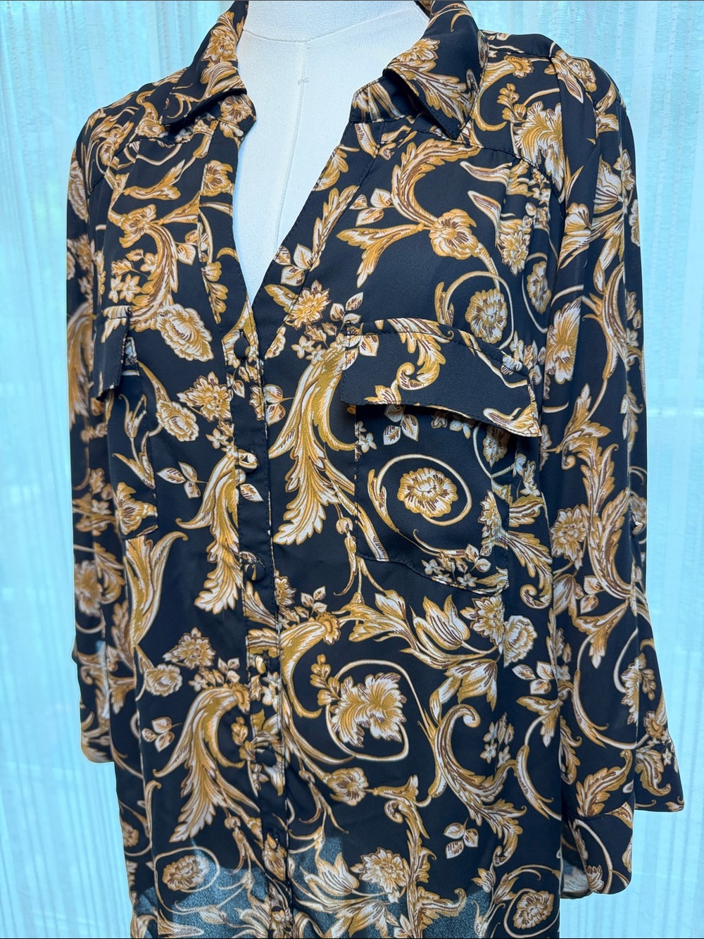 torrid Black Blouse with Mustard Floral Scroll Print - Picture 4 of 7